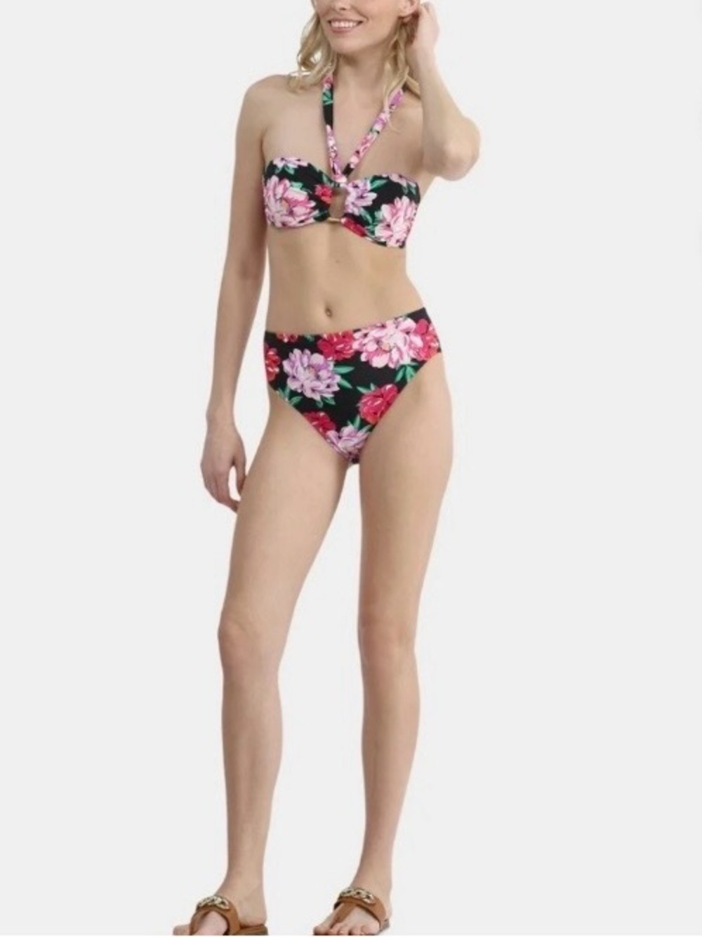Time and Tru Black Floral Halter Bandeau Bikini with Pink Accents